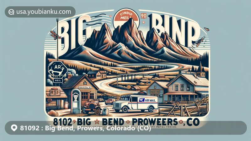 Modern illustration of the Big Bend area in Prowers County, Colorado, featuring Rocky Mountains backdrop, Prowers hamlet, Wiley town, air mail envelope, postmark '81092 Big Bend, CO', and vintage postal truck.