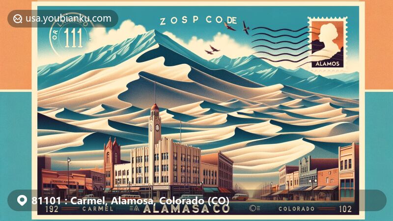Modern illustration of Alamosa, Carmel, Colorado, depicting Great Sand Dunes National Park and historic downtown, capturing natural beauty and cultural heritage.