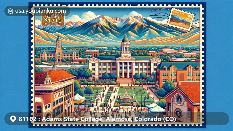 Modern illustration of Adams State University in Alamosa, Colorado, highlighting iconic campus elements and surrounding Sangre de Cristo and San Juan mountain ranges, capturing academic life and student activities.