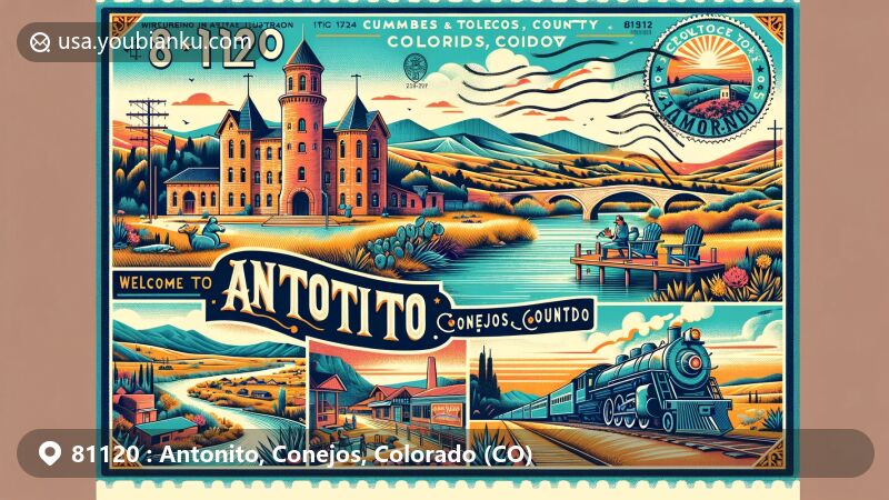 Modern illustration of Antonito, Conejos County, Colorado, featuring Cano's Castle, Conejos County landscapes, and Cumbres and Toltec Scenic Railroad, designed as a vibrant postcard with postage stamp and postal mark.