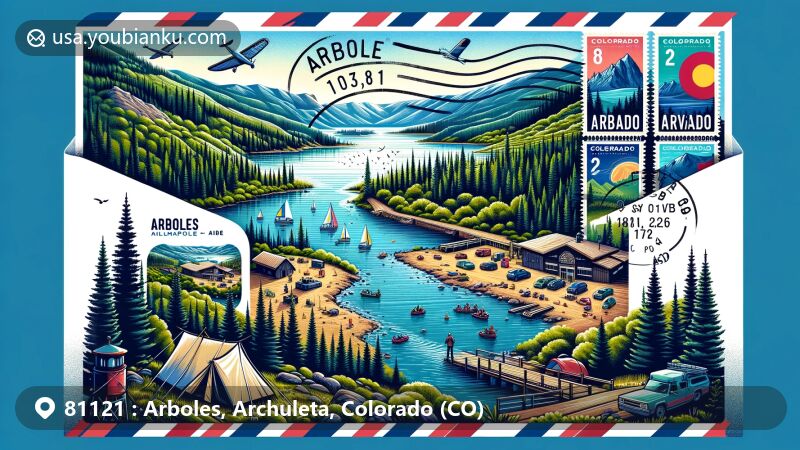 Modern illustration of Arboles, Colorado, with ZIP code 81121, highlighting Navajo State Park, Navajo Reservoir, camping, hiking, and fishing activities, featuring airmail envelope frame and Colorado postal elements.