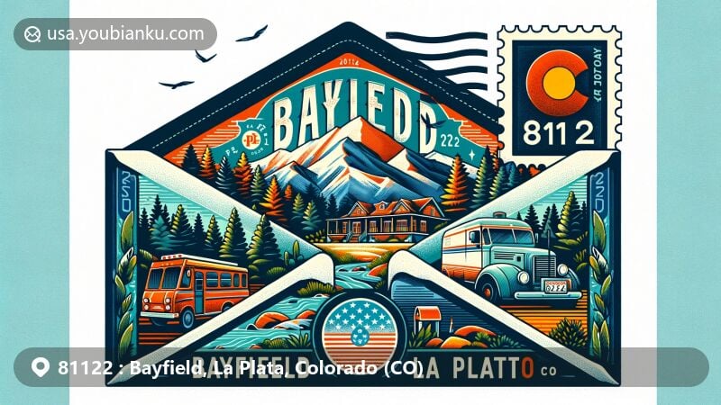 Modern illustration of Bayfield, La Plata County, Colorado, featuring ZIP code 81122, highlighting local landmarks like San Juan National Forest, Vallecito Reservoir, and Pine River Heritage Museum, and symbols of postal communication.