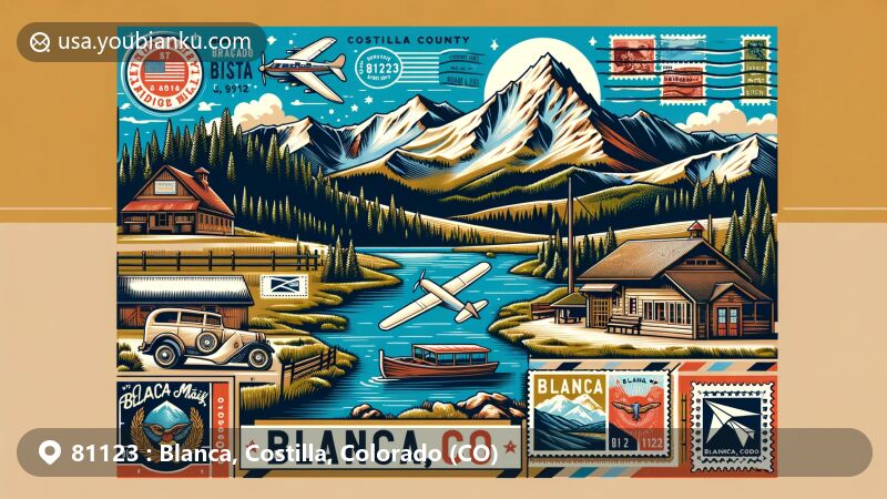 Modern illustration of Blanca, Costilla County, Colorado, integrating scenic beauty with postal elements, highlighting Blanca Peak and Smith Reservoir, vintage air mail envelope, stamps, and postmark '81123 Blanca, CO'.