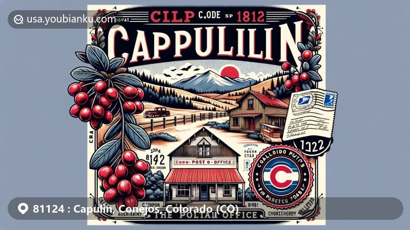 Modern illustration of Capulin, Colorado, showcasing local scenery and postal themes with ZIP code 81124 in a wide format suitable for a postcard.