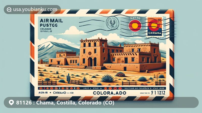 Artistic illustration of Chama, Costilla County, Colorado, designed as an airmail envelope, featuring ancient adobe buildings, SPMDTU Lodge Hall, and Colorado state flag stamp.