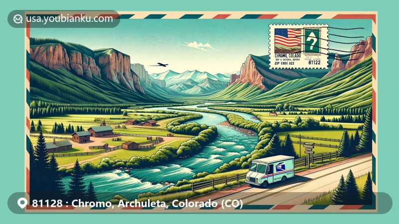 Modern illustration of Chromo, Archuleta County, Colorado, showcasing postal theme with ZIP code 81128, featuring Little Navajo River, Navajo River, and the Rocky Mountains.