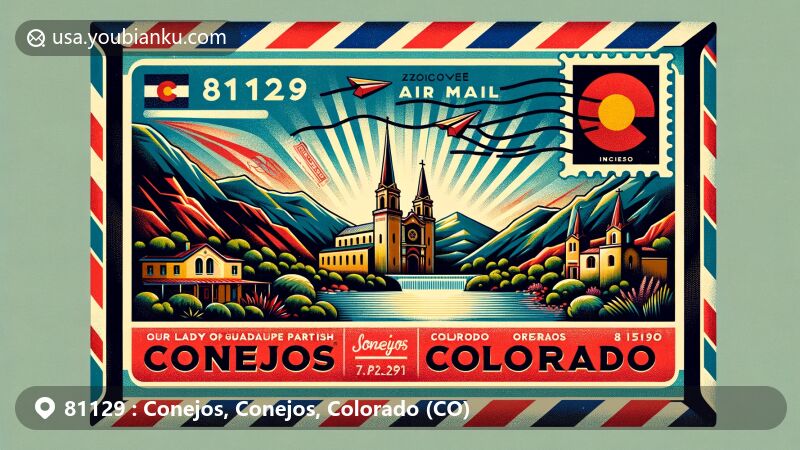 Modern illustration of Conejos, Colorado, showcasing postal theme with ZIP code 81129, featuring Our Lady of Guadalupe Parish and Conejos River.