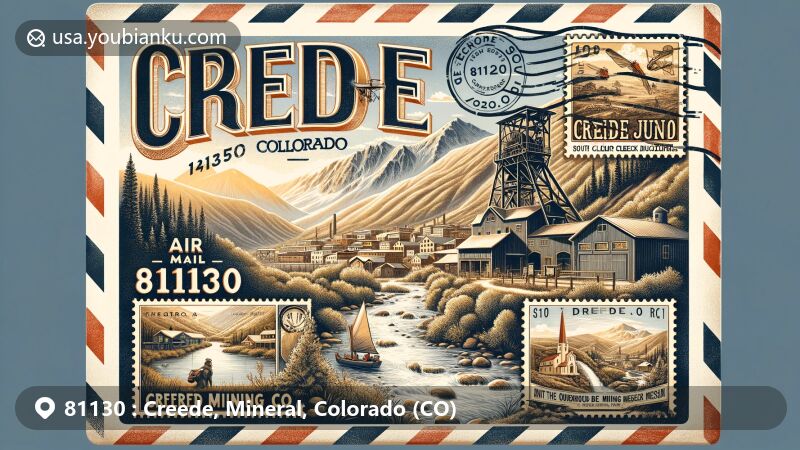 Modern illustration of Creede, Mineral County, Colorado, showcasing mining heritage with historic mine entrance as centerpiece, set against majestic San Juan Mountains and winding Rio Grande River. Features vintage airmail envelope revealing local landmarks like Bachelor Historic Loop, Mining Museum, and South Clear Creek waterfall stamps, each highlighting natural beauty and mining history. Prominently displays '81130' ZIP code and 'Creede, CO' postmark, combining postal elements with town's iconic features.