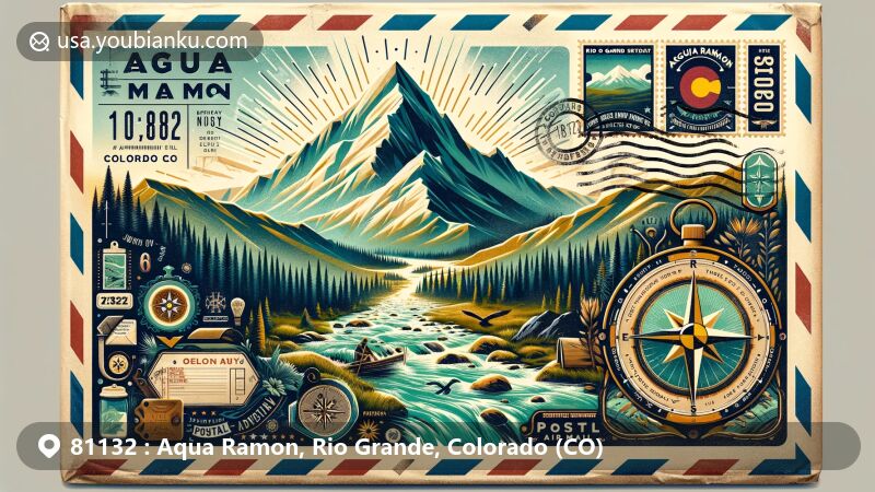 Creative illustration of Agua Ramon Mountain, Rio Grande County, Colorado, on vintage air mail envelope with ZIP code 81132, featuring natural beauty and outdoor spirit of the region.