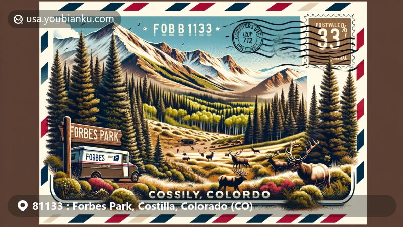 Modern illustration of Forbes Park, Costilla County, Colorado, blending natural landscape with postal theme for ZIP code 81133, showcasing Sangre de Cristo Mountains, diverse forest types, and wildlife like deer, elk, and black bears.