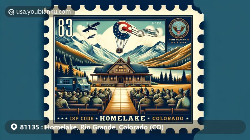 Modern illustration of Homelake, Rio Grande County, Colorado, portraying Veterans Community Living Center and mountainous landscapes, featuring vintage postal elements and ZIP code 81135.