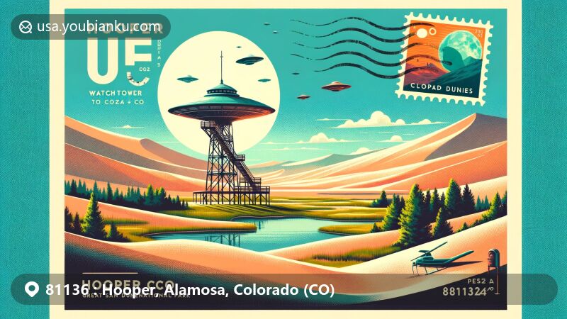 Modern illustration of Hooper area in Colorado, featuring Great Sand Dunes Natinal Park and UFO Watchtower, with characteristic postal elements like vintage stamp, postmark 'Hooper, CO 81136', and local flora and fauna.