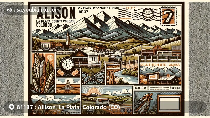 Modern illustration of Allison, La Plata, Colorado, featuring postal theme with ZIP code 81137, showcasing Southern Ute Indian Reservation culture, Allison Stocker reference, and Colorado mountain backdrop.