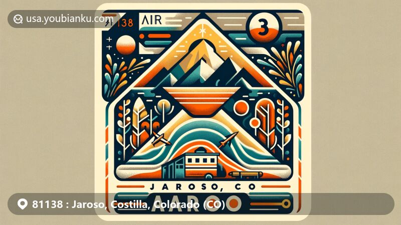 Modern illustration of Jaroso, Colorado, showcasing postal theme with ZIP code 81138, featuring Ute Mountain and symbolic willow trees, reflecting the origin of the name Jaroso. Warm color palette to represent the beauty of Colorado scenery. Design includes clear 'Jaroso, CO 81138' text for easy identification.