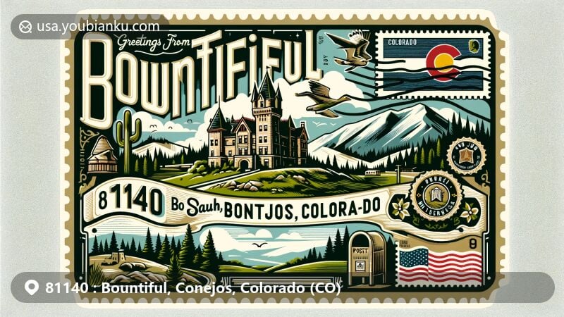 Modern illustration of Bountiful in Conejos County, Colorado, featuring Cano's Castle, the Rio Grande National Forest, and South San Juan Wilderness, with vintage postal elements and a color palette reflecting natural beauty and the Colorado state flag.