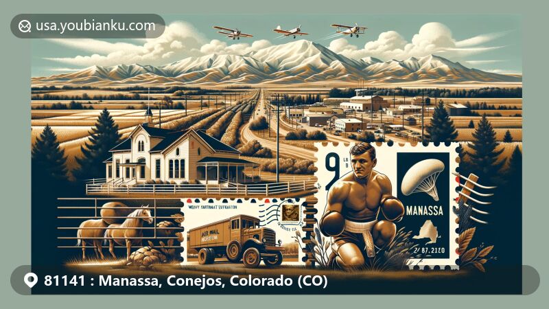 Modern illustration of Manassa, Colorado, showcasing picturesque San Luis Valley setting, Sangre de Cristo Range, and San Juan Mountains, paying tribute to agricultural roots and Jack Dempsey Museum.