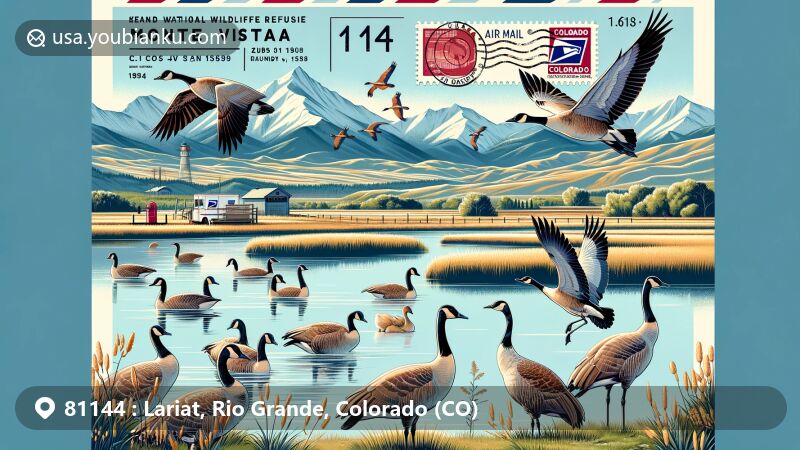 Captivating illustration of Monte Vista National Wildlife Refuge in Colorado, featuring migratory Canada Geese and Sandhill Cranes, with vintage air mail envelope displaying ZIP code 81144, classic airmail border, and Colorado state flag stamp.
