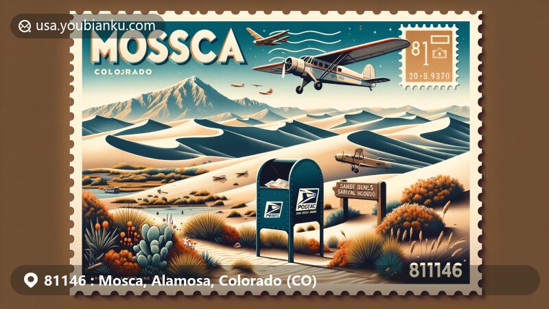 Modern illustration of Mosca, Alamosa County, Colorado, featuring Great Sand Dunes National Park with the tallest sand dunes in North America and Sangre de Cristo Mountains.