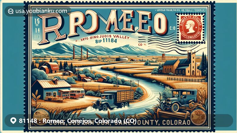 Modern illustration of Romeo, Conejos County, Colorado, showcasing postal theme with ZIP code 81148, featuring Rio Grande National Forest, South San Juan Wilderness, and Cano's Castle.