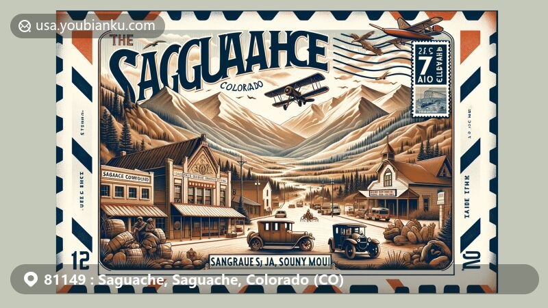 Modern illustration of Saguache, Colorado, highlighting ZIP code 81149 and blending rich history, geographical features, and postal elements like Ute Theatre and the Saguache County Museum.