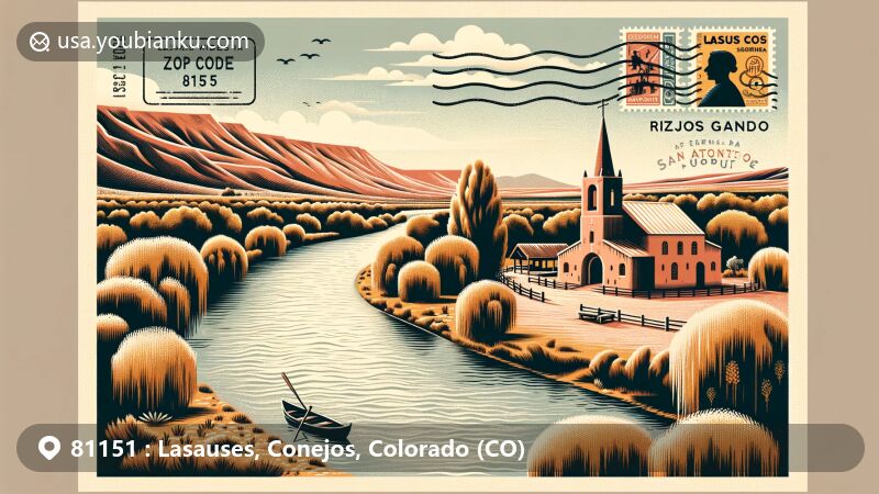 Modern illustration of Lasauses, Conejos County, Colorado, showcasing postal theme with ZIP code 81151, featuring Rio Grande, Capilla de San Antonio de Padua church, and Colorado state flag.