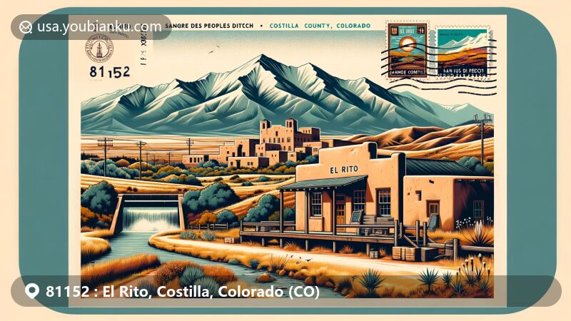 Modern illustration of El Rito, Costilla County, Colorado, with ZIP code 81152, featuring Sangre de Cristo Mountains, adobe buildings, and San Luis Peoples Ditch.