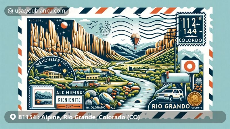 Modern illustration of Alpine, Rio Grande, Colorado, featuring the Wheeler Geologic Area's formations and rock climbing at Penitente Canyon, with San Juan Mountains backdrop. Design includes state flag, Rio Grande County outline, and postal symbols with ZIP Code 81154, along with a classic mailbox.
