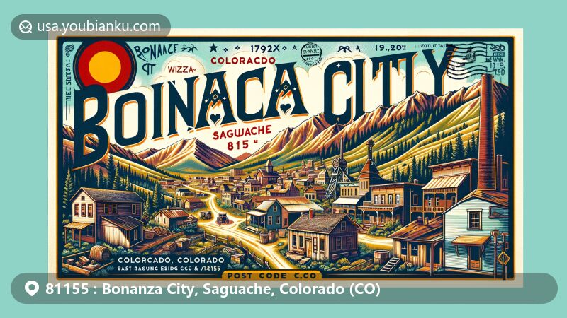 Vintage-style illustration of Bonanza City, Saguache, Colorado (CO), reflecting its silver mining history with historic buildings and old mines at an elevation of 9500 feet, surrounded by mountains. Featuring a postcard corner with the Colorado state flag stamp, postal mark 'Bonanza City, CO 81155', and an old-fashioned mailbox.