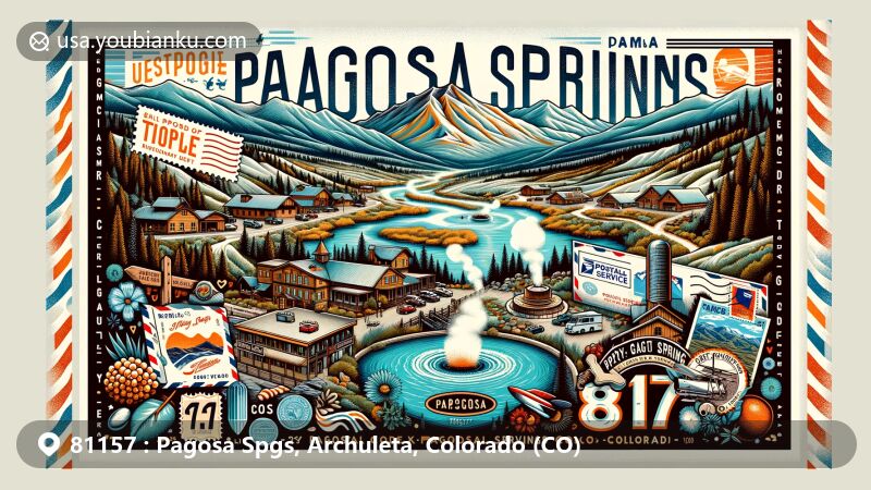 Modern illustration of Pagosa Springs, Archuleta, Colorado, showcasing hot springs, San Juan Mountains, Wolf Creek Ski Area, and postal service elements with ZIP code 81157.