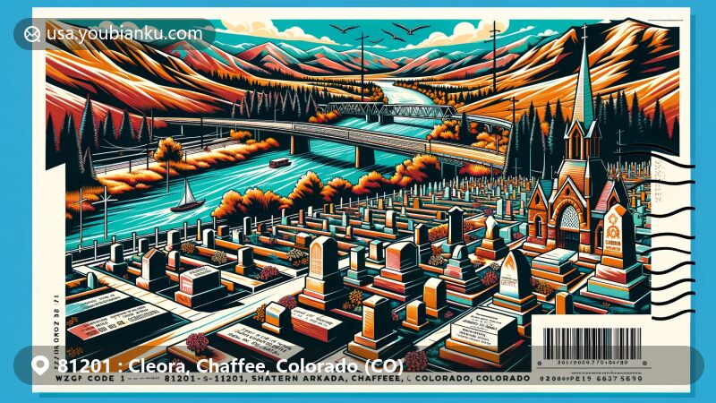 Modern illustration of Cleora, Chaffee County, Colorado, showcasing postal theme with ZIP code 81201, featuring historic Cleora Cemetery and iconic Arkansas River bridge.