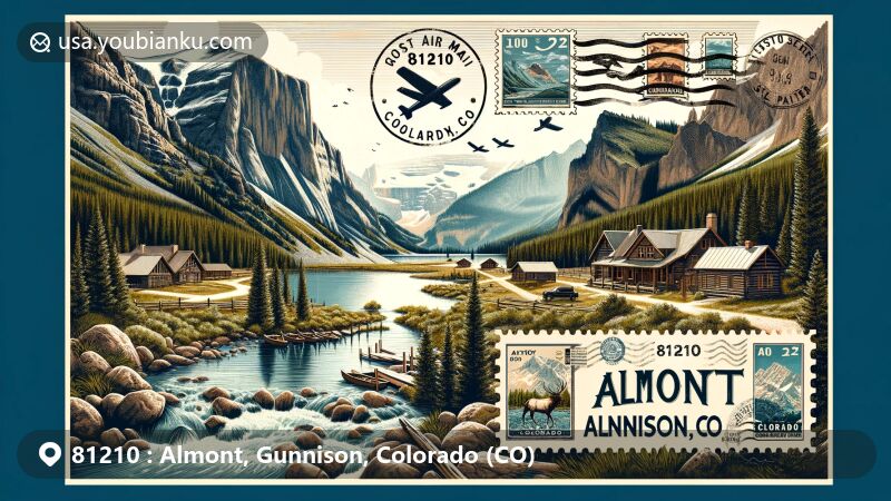 Modern illustration of Almont, Gunnison County, Colorado, highlighting Fossil Ridge Wilderness with granite peaks, alpine lakes, elk, and iconic landmarks like Gunnison River headwaters and Almont Resort.