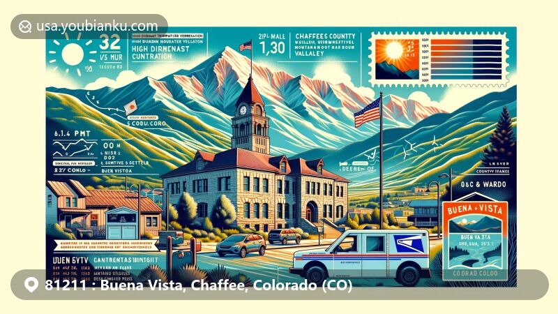 Modern illustration of Buena Vista, Chaffee County, Colorado, featuring historic Chaffee County Courthouse against mountain backdrop, showcasing elements of semi-arid climate, diurnal temperature variation, and seasonal changes. Includes Collegiate Peaks stamp, ZIP code '81211' mark, and subtle postal vehicle or mailbox.