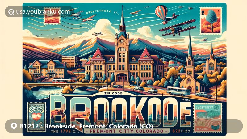 Modern illustration of Brookside, Fremont County, Colorado, with ZIP code 81212, featuring postal elements like vintage postcard layout, air mail envelope, stamps, and postmarks, and landmarks such as Cañon City Municipal Building, Cañon City State Armory, and Christ Episcopal Church.