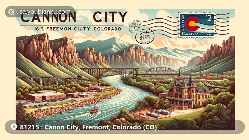 Modern illustration of Canon City, Fremont County, Colorado, highlighting postal theme with ZIP code 81215, featuring Arkansas River, Royal Gorge, Fremont House, and Royal Gorge Bridge.