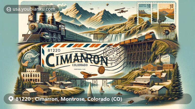 Modern illustration of Cimarron, CO, featuring D & RG Narrow Gauge Trestle, Morrow Point Dam, livestock corrals, and Black Canyon of the Gunnison National Park.