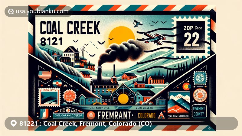 Modern illustration of Coal Creek, Fremont County, Colorado, inspired by air mail envelope design with postal theme and ZIP Code 81221, featuring historic coal mining town and Colorado state symbols.