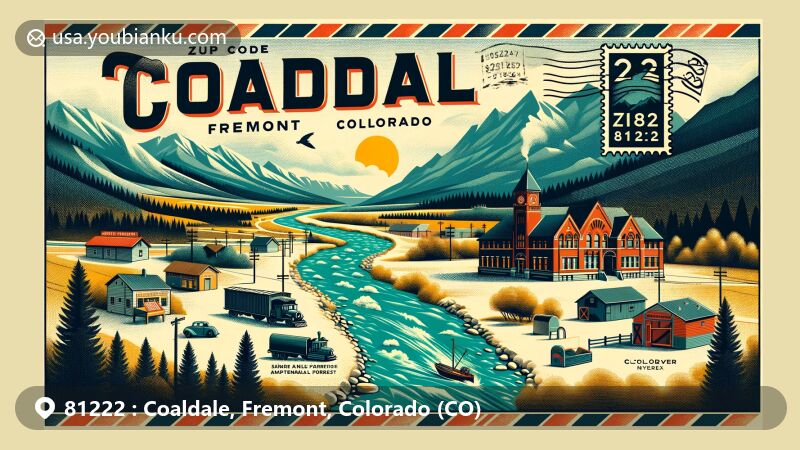 Modern illustration of Coaldale, Fremont, Colorado, showcasing postal theme with ZIP code 81222, featuring Arkansas River, San Isabel National Forest, Sangre de Cristo Wilderness, Coaldale Schoolhouse, and postal elements.