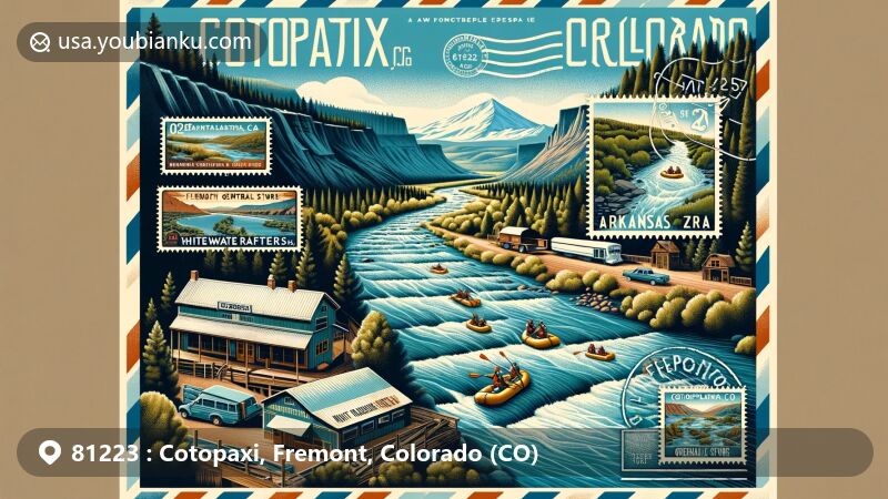 Illustration of Cotopaxi, Colorado, showcasing natural beauty of Arkansas River, Cotopaxi General Store, and postal theme with vintage postage stamps and airmail envelope border.
