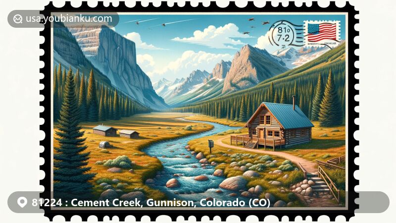 Modern illustration of Cement Creek, Gunnison, Colorado, showcasing alpine meadows, clear creek, and a log cabin at Cement Creek Ranch, against the backdrop of Gunnison National Forest. Features a vintage postage stamp frame, ZIP Code 81224, and Colorado state flag.