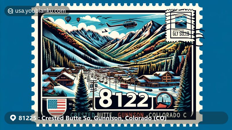 Modern illustration of Crested Butte South, Gunnison County, Colorado. Features Crested Butte Mountain Resort with Rambo ski run, public lands for outdoor activities, and postal elements like a postage stamp and postmark with ZIP code 81225.