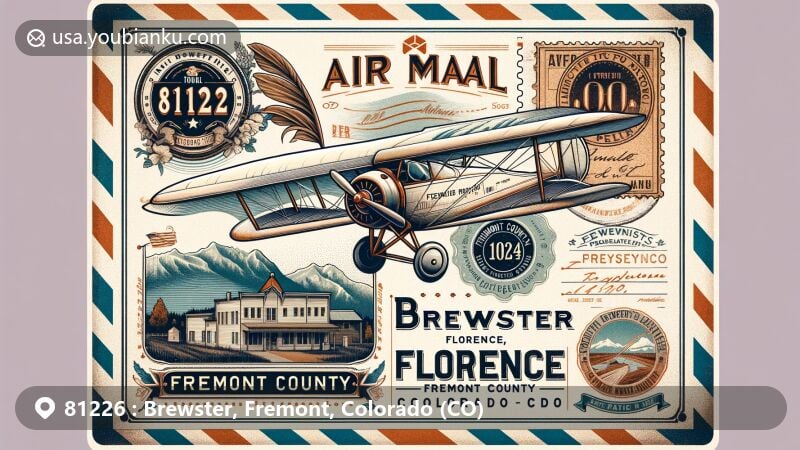 Vintage aviation-themed air mail envelope for ZIP code 81226 in Brewster, Florence, Fremont County, Colorado, featuring Florence Pioneer Museum, Rocky Mountains, and antique capital symbolism.