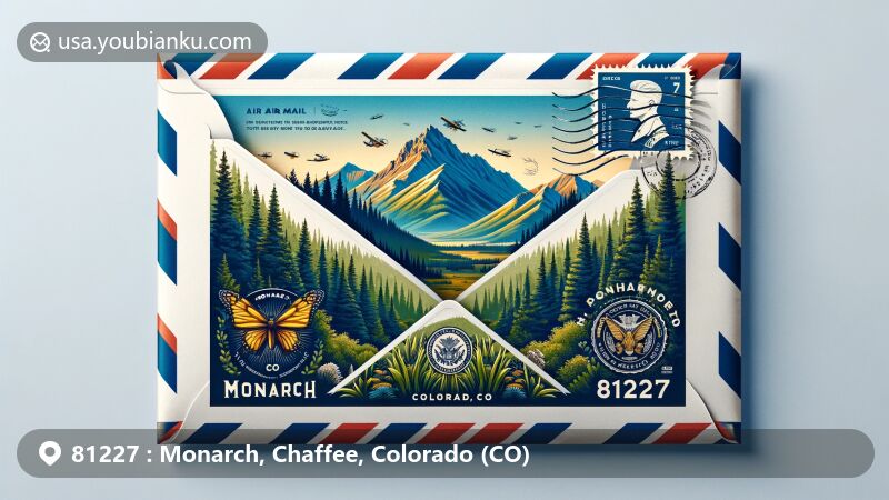 Innovative fusion of Monarch, Colorado, features ZIP code 81227 with airmail theme, showcasing Monarch Mountain, San Isabel National Forest, and Colorado state flag.
