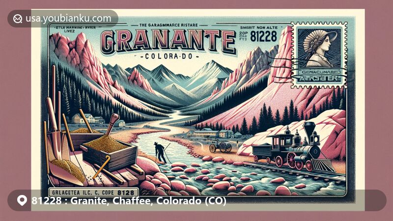 Modern illustration of Granite, Colorado, showcasing postal theme with ZIP code 81228, highlighting Arkansas River, gold mining history, Precambrian granite rocks, Mount Elbert, and Mount Massive.