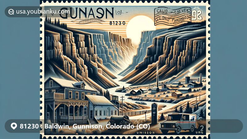 Modern illustration of Gunnison, Colorado, merging the natural landscape with the historical aspects of Baldwin, featuring Black Canyon of the Gunnison National Park, Baldwin's historical buildings, and Tomichi Creek State Wildlife Area.