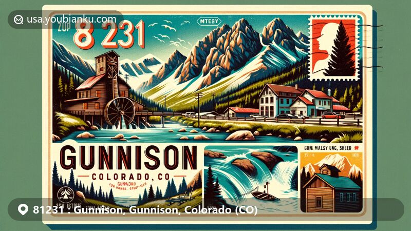 Modern postcard illustration of Gunnison, Colorado, focusing on natural beauty and outdoor activities with Crystal Mill and Gothic Mountain, showcasing hiking, skiing, and snowboarding.