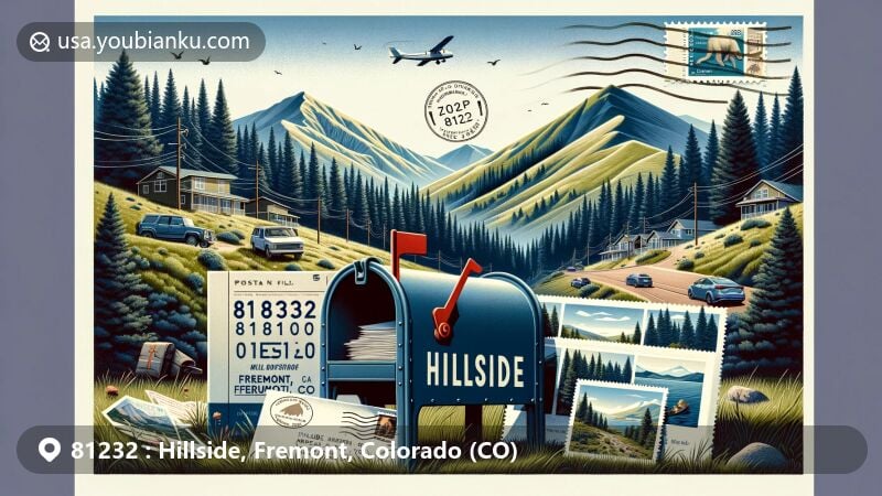 Modern illustration of Hillside, Colorado, capturing the beauty of San Isabel National Forest, showcasing outdoor activities like camping and hiking, with a mailbox bearing ZIP code 81232 and postcards of the area's natural landscape.