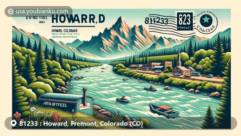 Modern illustration of Howard, Colorado, showcasing postal theme with ZIP code 81233, featuring the Arkansas River, Sangre de Cristo Range, vintage postcard design, Colorado state symbols, and local outdoor activities.