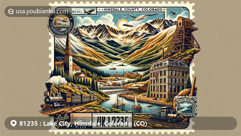 Modern illustration of Lake City, Hinsdale County, Colorado, with ZIP code 81235, blending mining heritage and tourism, showcasing Golden Fleece Mine ruins and San Juan Mountains.
