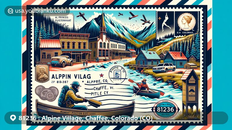 Contemporary illustration of Alpine Village, Chaffee, Colorado, showcasing postal theme with ZIP code 81236, featuring Mount Princeton outline stamp and vintage postal elements.