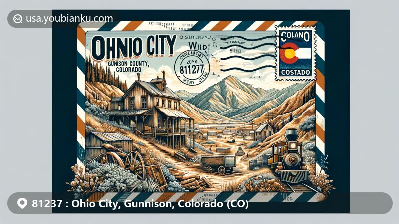 Illustration of Ohio City, Gunnison County, Colorado, with ZIP code 81237, highlighting the town's gold and silver mining history amid the stunning backdrop of the Colorado Rockies.
